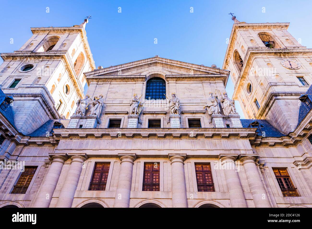 Detail. Courtyard of the Kings and the Basilica. The Royal Site of San Lorenzo de El Escorial. San Lorenzo de El Escorial, Madrid, Spain, Europe Stock Photo