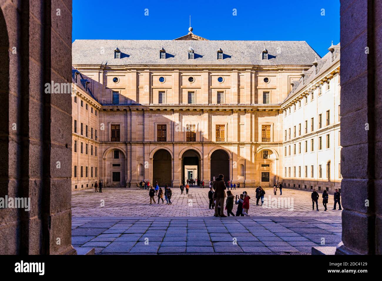 The Royal Site of San Lorenzo de El Escorial, Courtyard of the monastery. San Lorenzo de El Escorial, Madrid, Spain, Europe Stock Photo