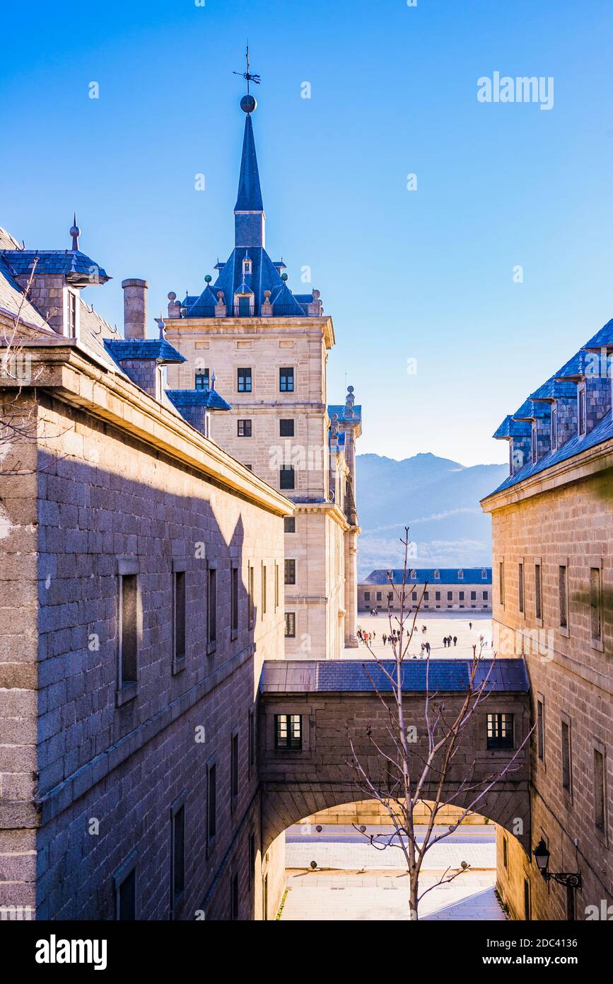 El Escorial Monastery seen from Floridablanca Street. The Royal Site of San Lorenzo de El Escorial. San Lorenzo de El Escorial, Madrid, Spain, Europe Stock Photo