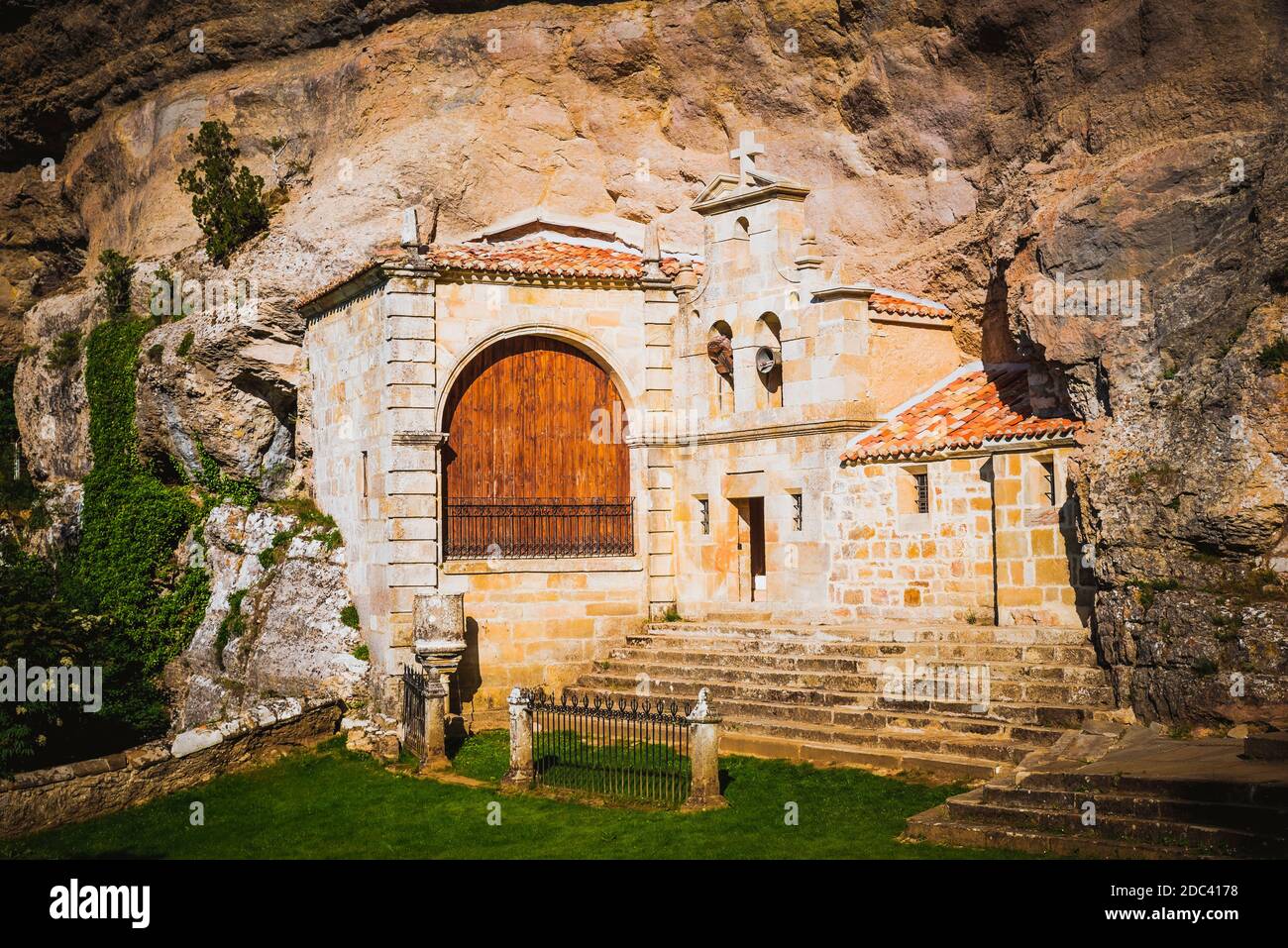 Ermita de San Bernabé, Ojo Guareña Natural Monument. Merindad de Sotoscueva, Burgos, Castilla y Leon, Spain, Europe. Stock Photo