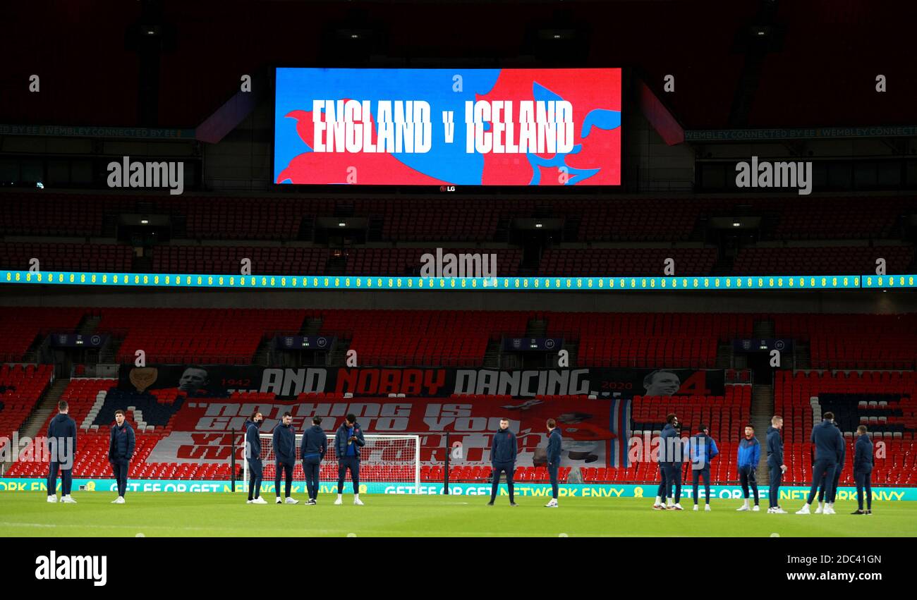 England players on the pitch before the UEFA Nations League Group A2 match at Wembley Stadium, London. Stock Photo