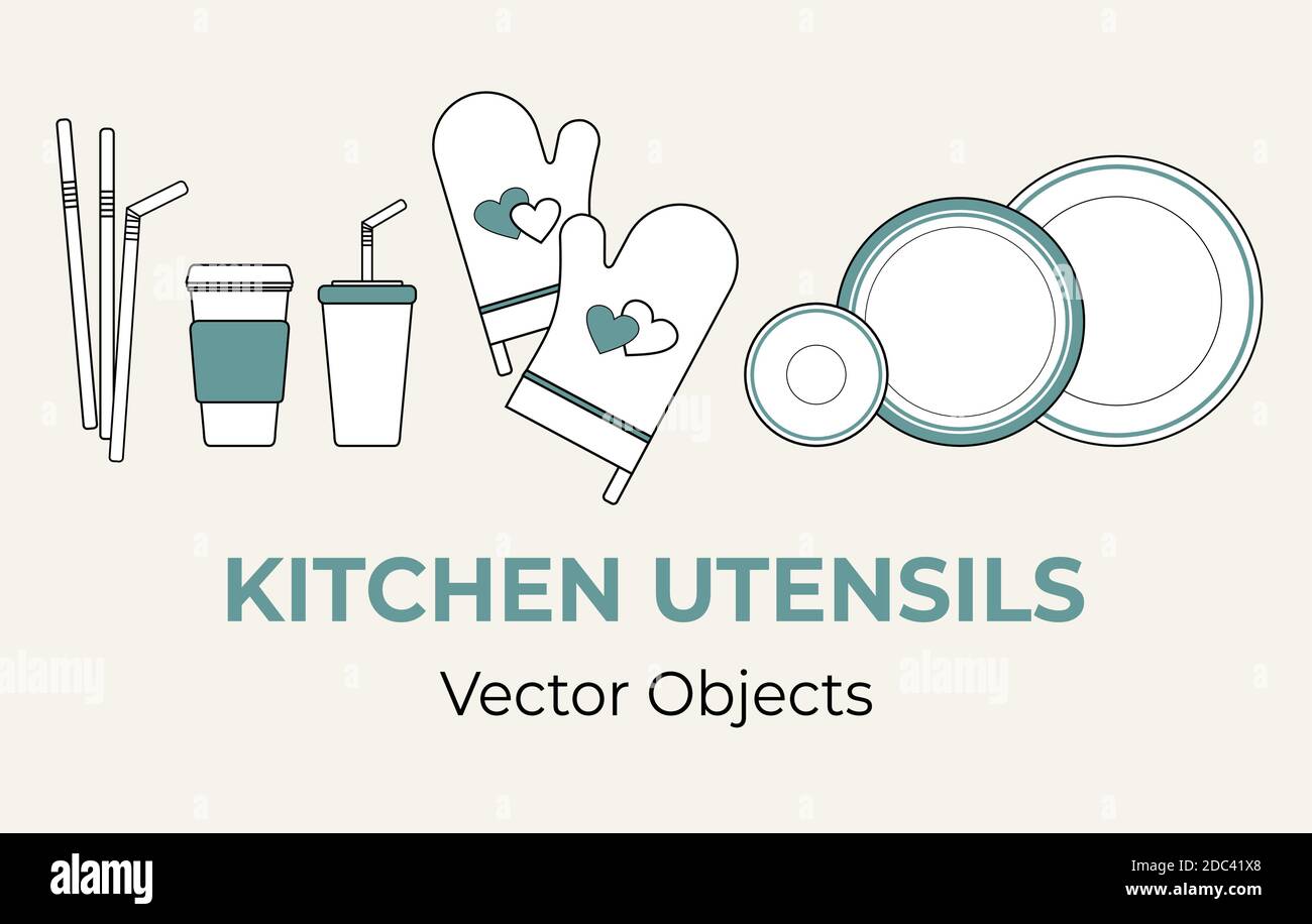 Kitchen utensils vector isolated set. Plastic plates, straws, potholders, disposable paper cups