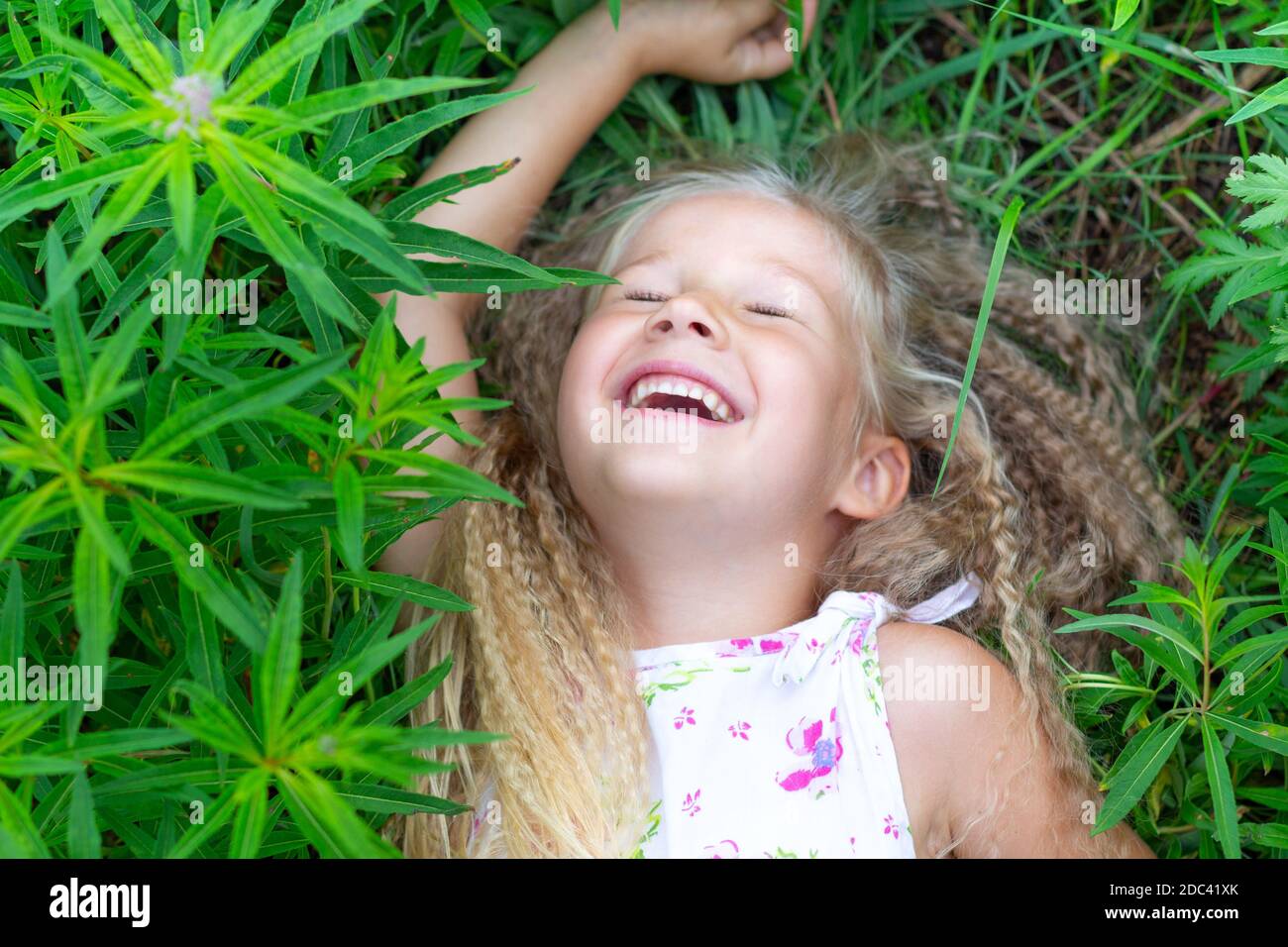 A small Caucasian girl with long blond hair lies on her back in the grass, raised her hand, closed her eyes, laughs. Childhood, happiness, reunion wit Stock Photo