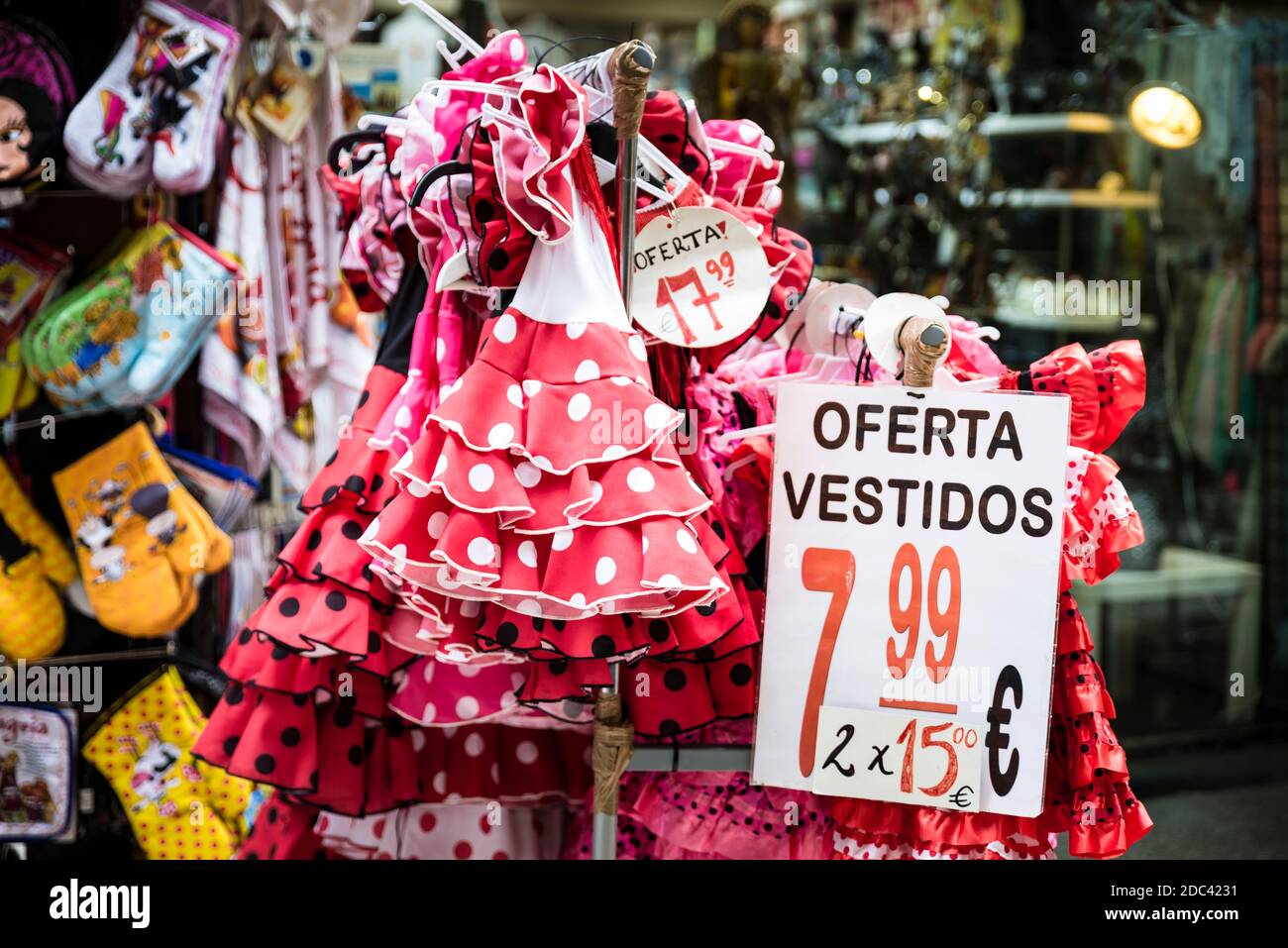 Typical andalusian dress flamenco store souvenir. Málaga, Andalucía, Spain, Europe Stock Photo
