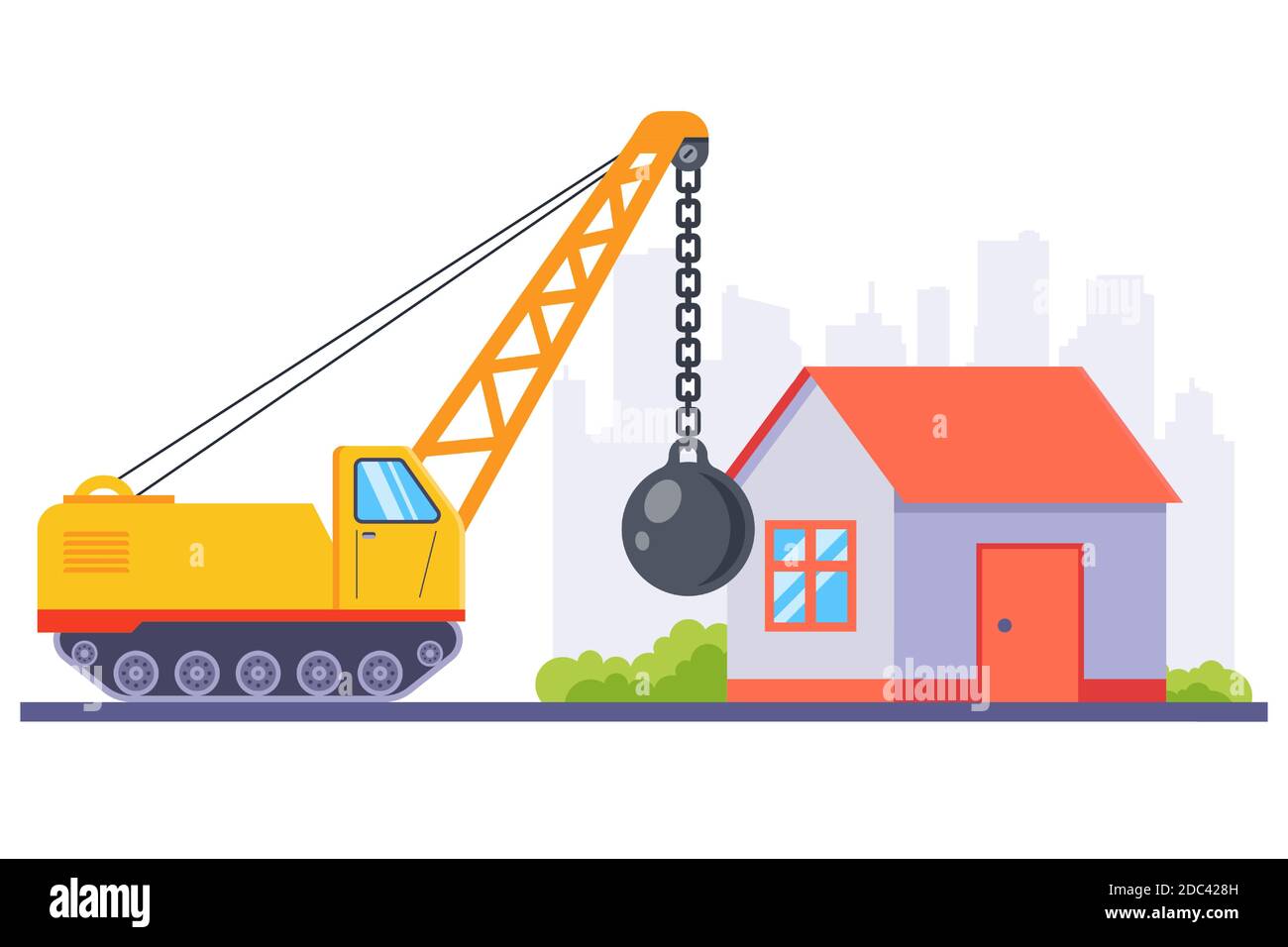 yellow construction machinery demolishes an old house with a large metal ball. flat vector illustration. Stock Vector