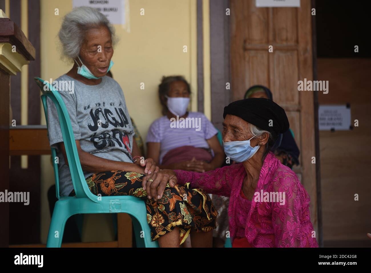 The people of Krinjing Village, the closest village on the slopes of Mount Merapi, took refuge in the Deyangan Village from  8th November, 2020 onwards. When the status of Mount Merapi was raised to be on alert. Magelang, Indonesia. Stock Photo