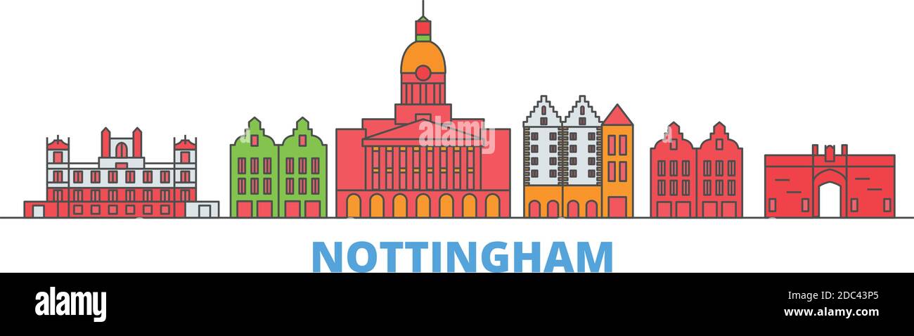United Kingdom, Nottingham line cityscape, flat vector. Travel city ...