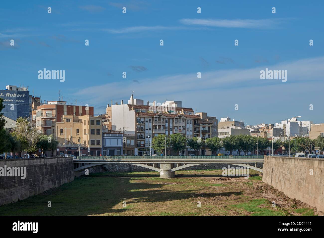 view of the bridge in the bed of the dry river Anna in the town of Burriana, Province of Castellon, Spain, Europe Stock Photo