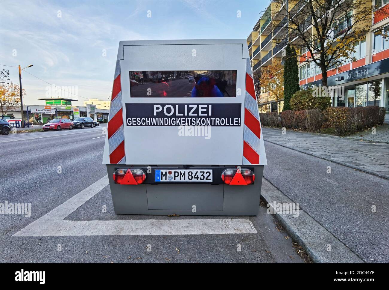 Munich, Bavaria, Germany. 18th Nov, 2020. An example of one of the newer  styles of autonomous speed camera trailers appearing in Munich, Germany.  Typically, the trailers are manufactured by companies such as