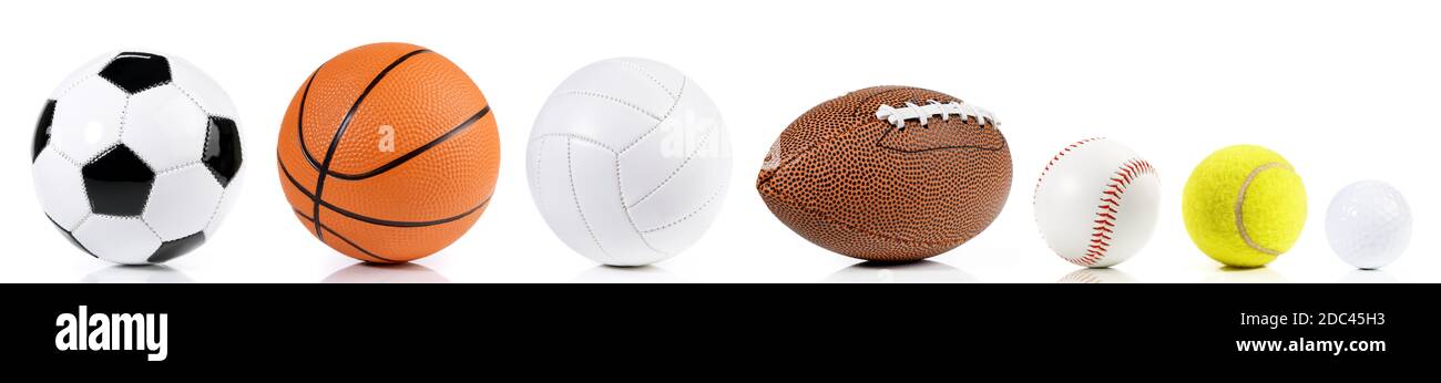 Various balls isolated on white background - Ball Sport Panorama Stock Photo