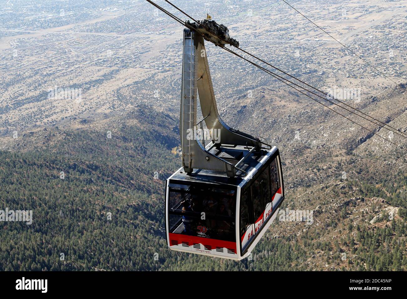 Tourist ride up on a cable car to Sandia Peak in the Cibola National Forest in Albuquerque, New Mexico on September 26, 2016. Stock Photo