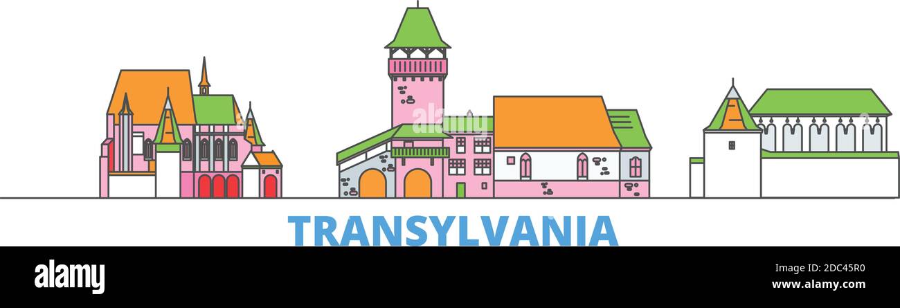 Romania, Transylvania line cityscape, flat vector. Travel city landmark, oultine illustration, line world icons Stock Vector