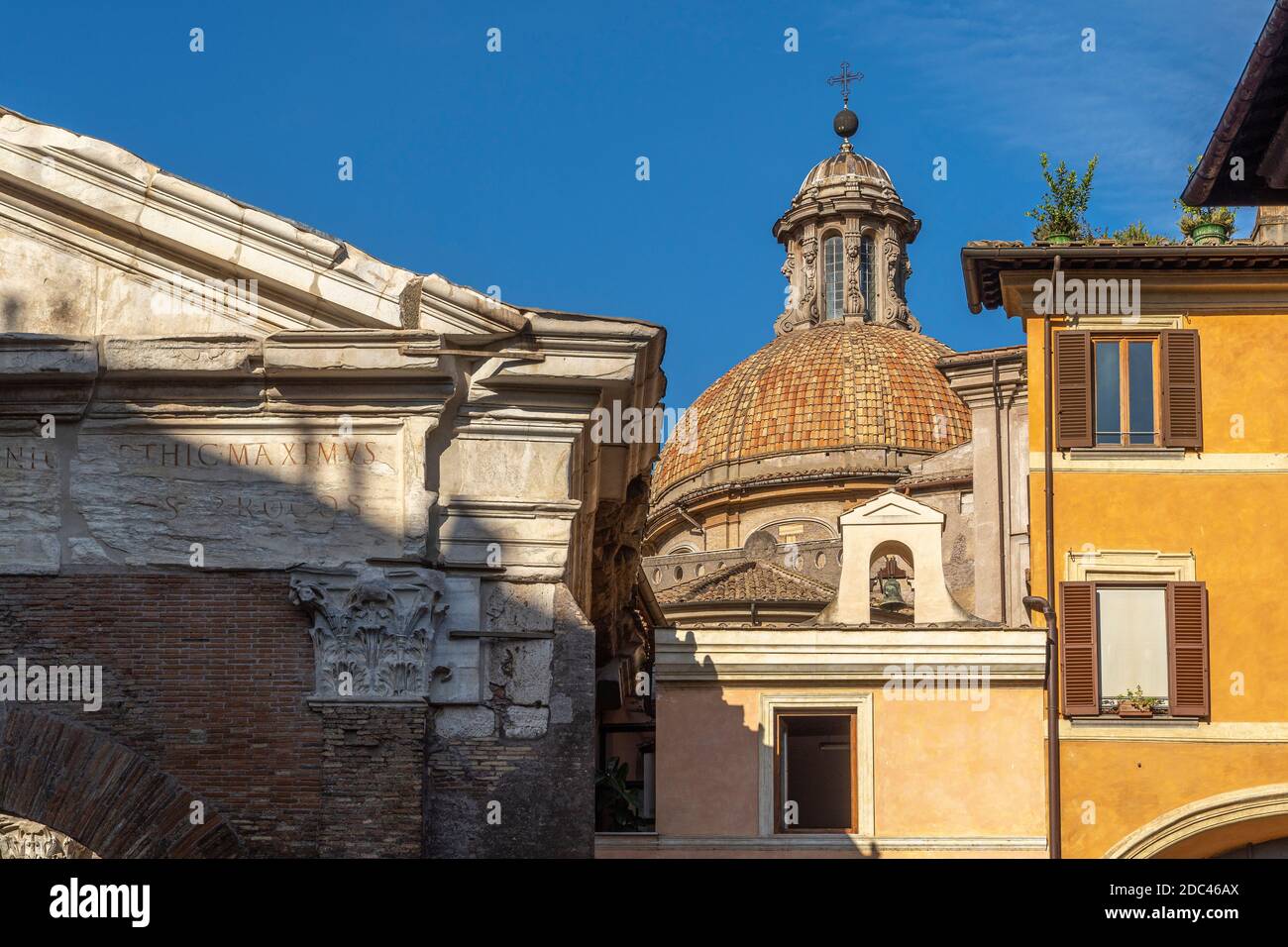 From the Portico D'Ottavia the churches of Sant'Angelo in Pescheria and of Santa Maria In Portico In Campitelli. Rome, Lazio, Italy, Europe Stock Photo