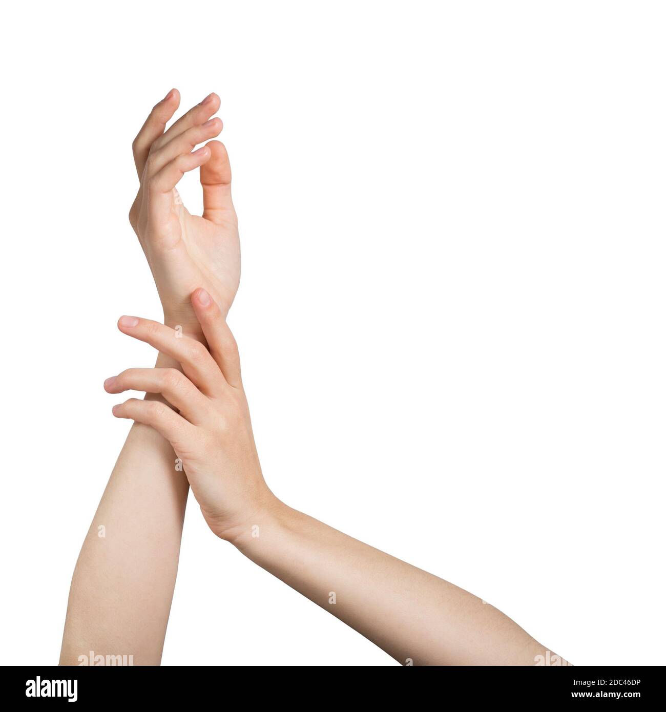 Caucasian woman hands holding each other isolated beauty template Stock Photo