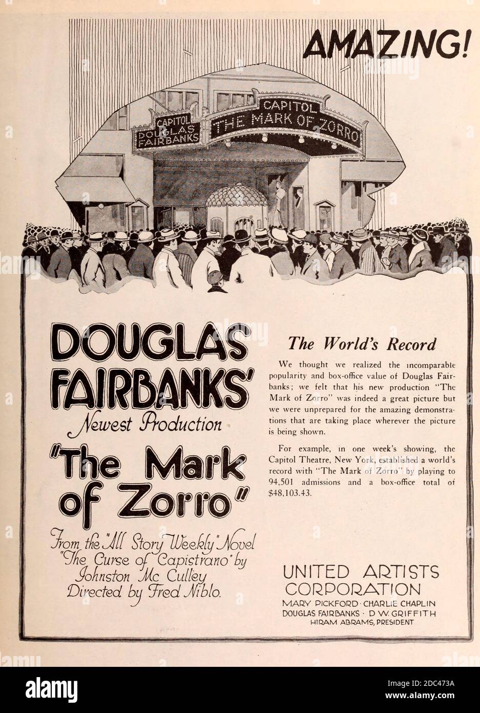 Advertisement for Douglas Fairbanks - The Mark of Zorro - Motion Picture, 1920 Stock Photo