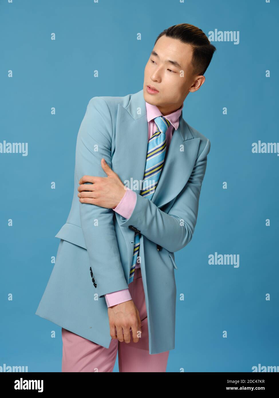 pink shirt and blue blazer