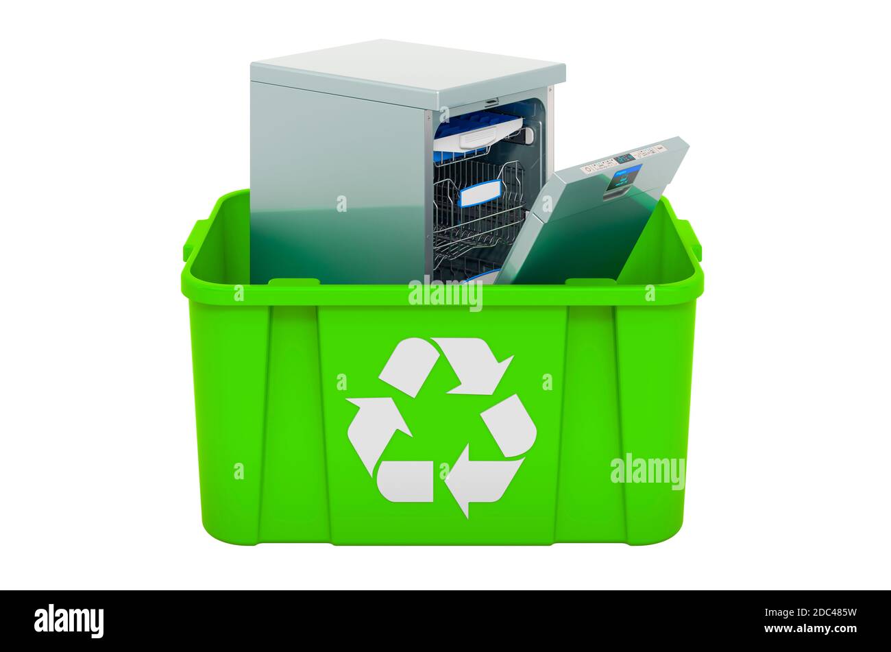 Recycling trashcan with dishwasher, 3D rendering isolated on white