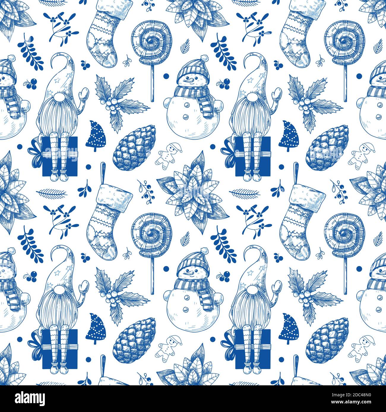 Christmas seamless pattern. Toys, snowman, wreath and other Christmas elements. Sketch vector Stock Vector
