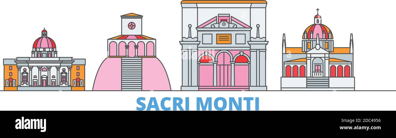 Italy, Piedmont And Lombardy, Sacri Monti line cityscape, flat vector. Travel city landmark, oultine illustration, line world icons Stock Vector