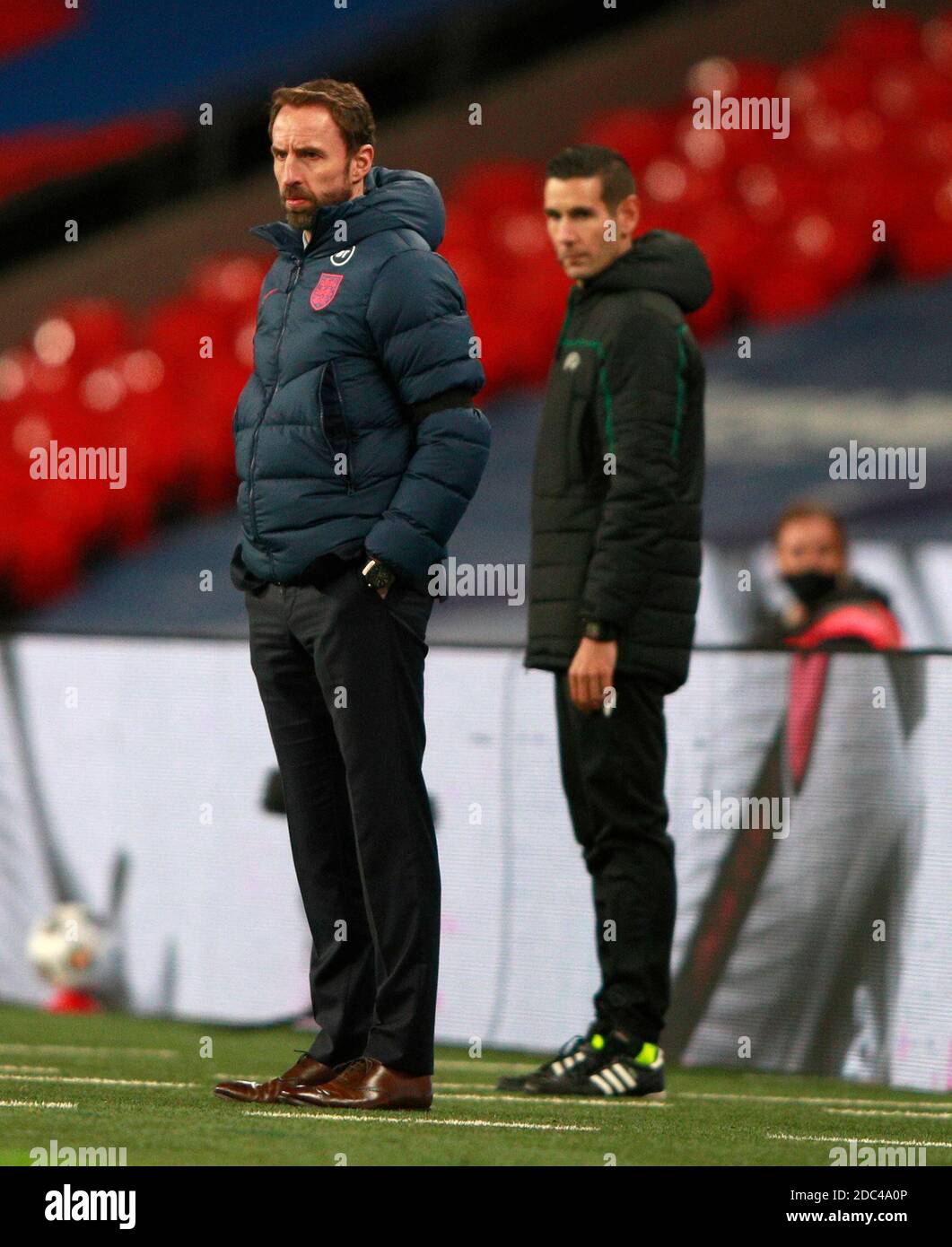 England manager Gareth Southgate (left) on the touchline during the UEFA Nations League Group A2 match at Wembley Stadium, London. Stock Photo