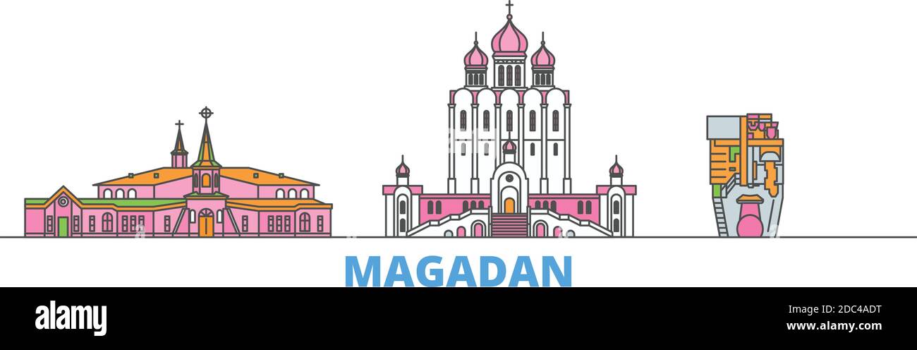 Russia, Magadan line cityscape, flat vector. Travel city landmark, oultine illustration, line world icons Stock Vector