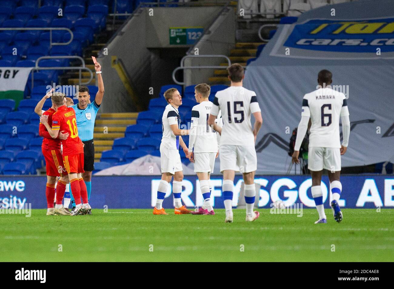 Cardiff, Wales, UK. 18th Nov, 2020. Match referee Jesus Gil Manzano shows Jere Uronen of Finland a red card during the UEFA Nations League match between Wales and Finland at Cardiff City Stadium. Credit: Mark Hawkins/Alamy Live News Stock Photo