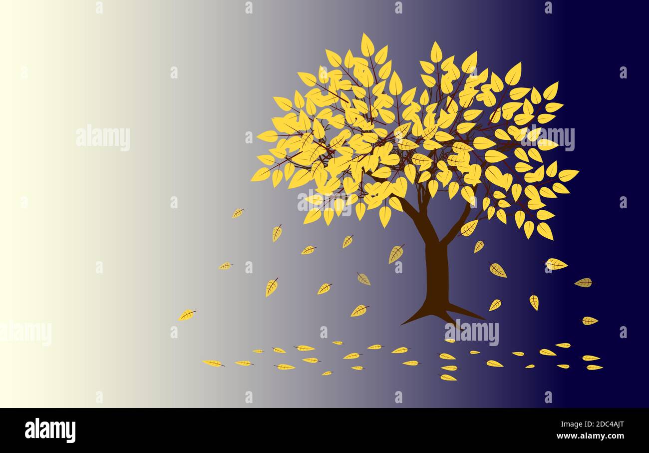 abstract yellow tree and  falling leaves on blue Stock Vector