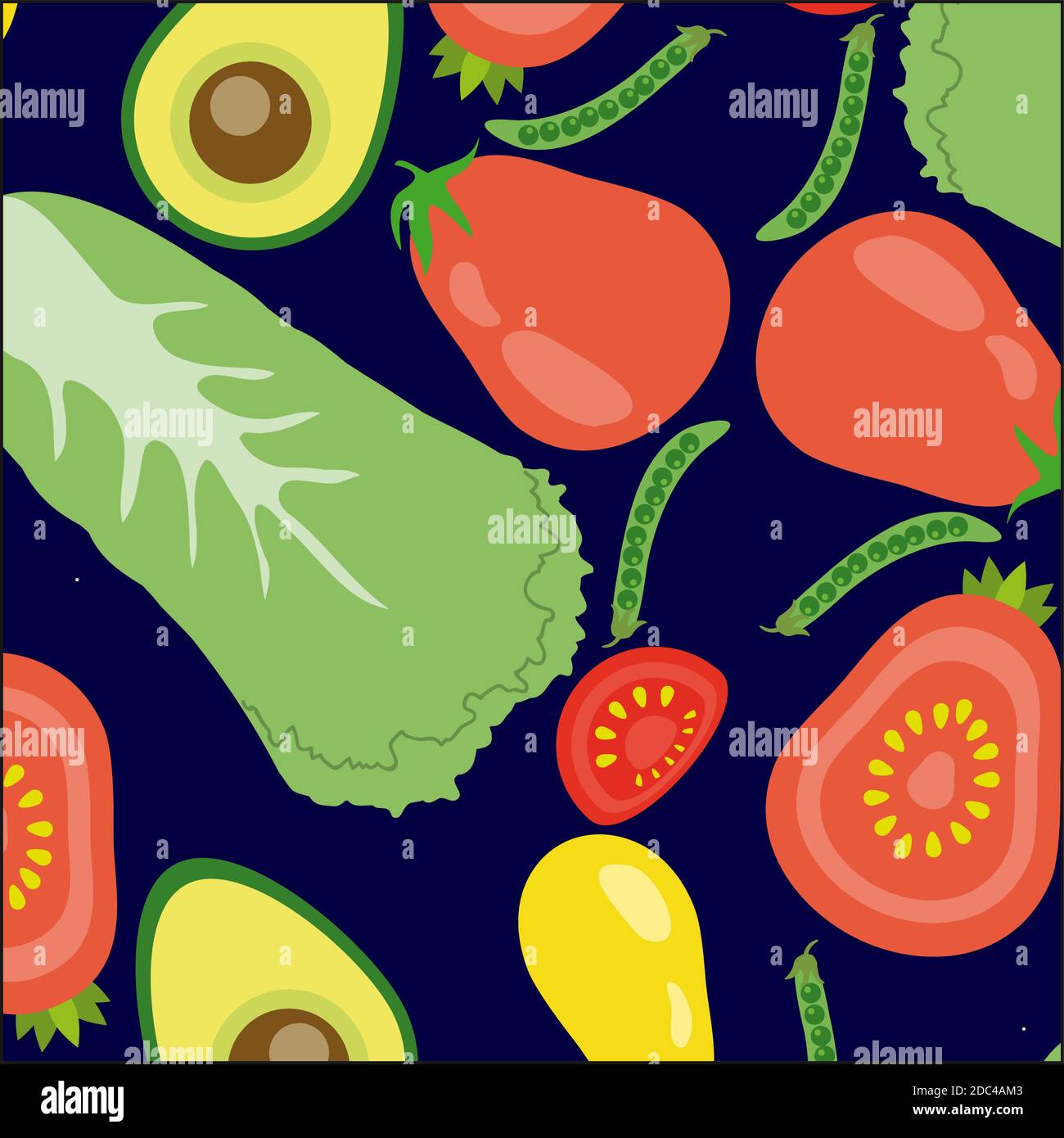 vector vegetables seamless pattern  in flat style with pattern with tomato, avocado on dark background Stock Vector