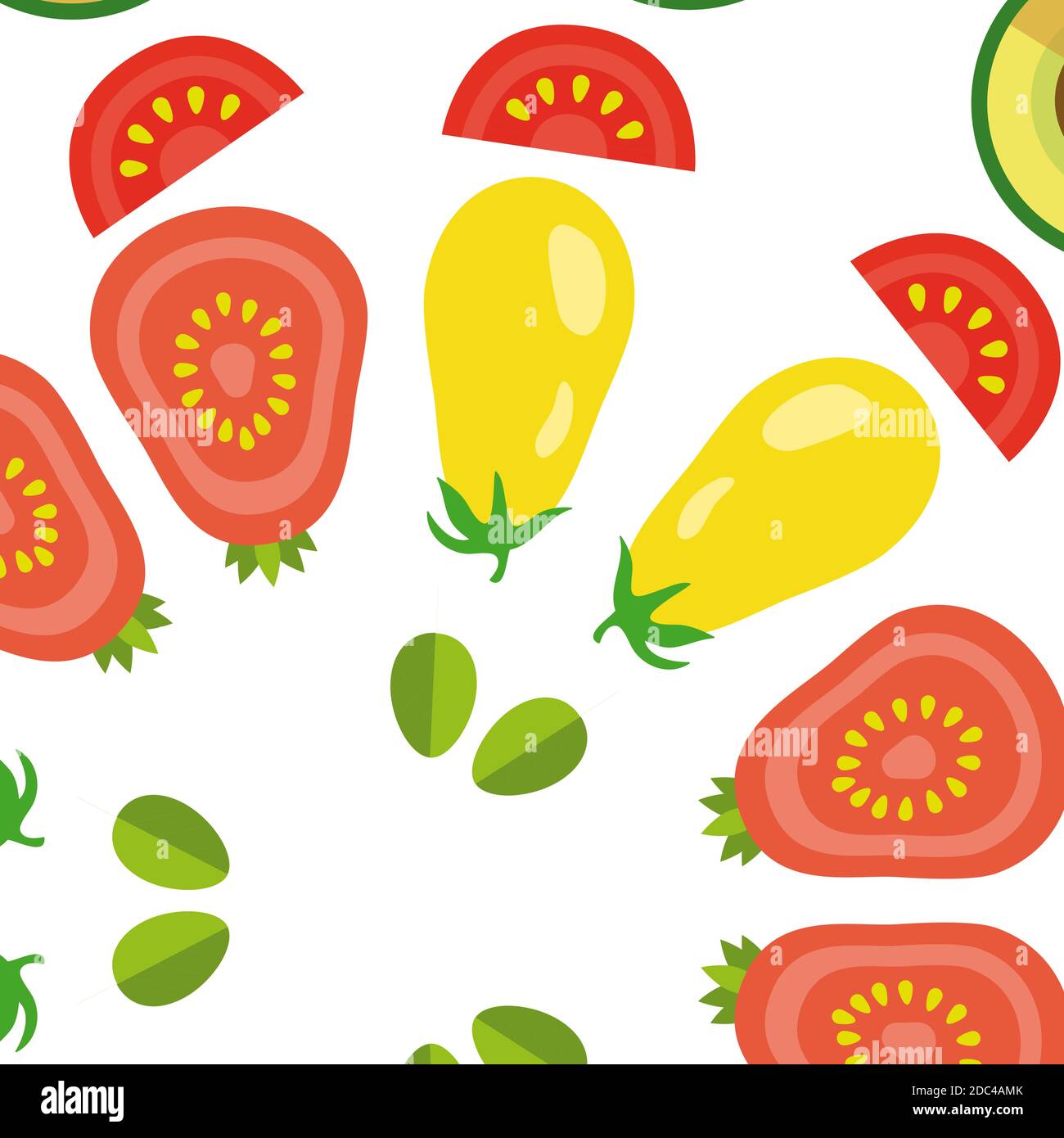vector vegetables seamless pattern  in flat style with pattern with red and  yellow  tomato, avocado Stock Vector