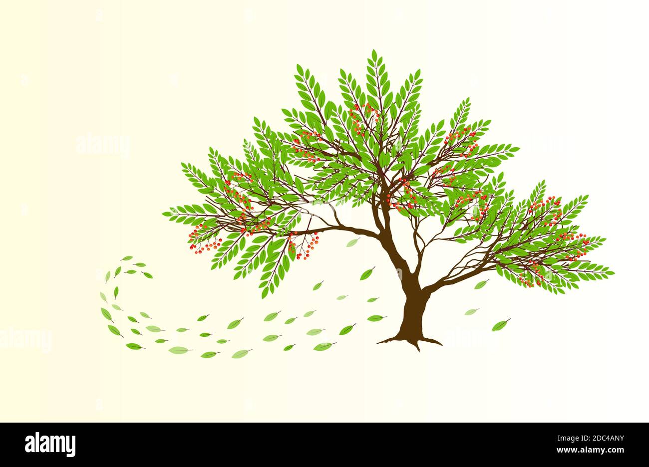 Spring abstract tree with red berries and green falling leaves Stock Vector