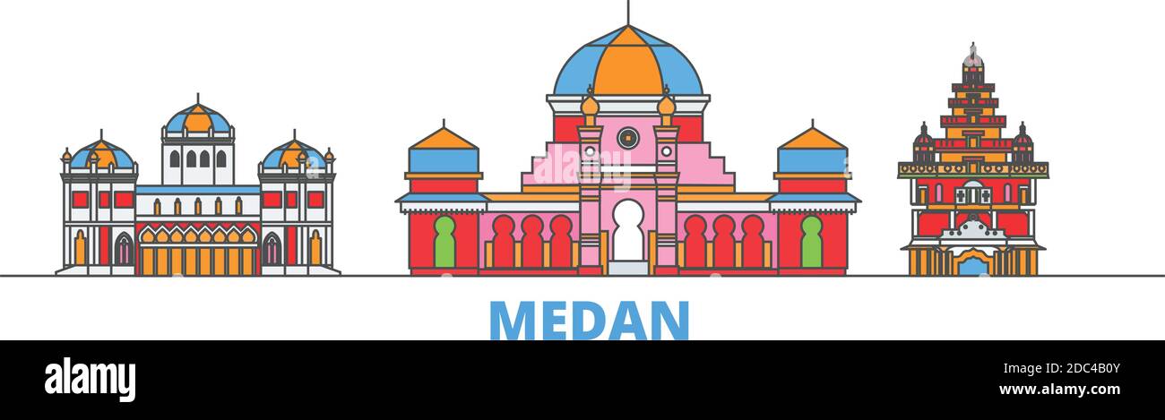 Indonesia, Medan line cityscape, flat vector. Travel city landmark, oultine illustration, line world icons Stock Vector