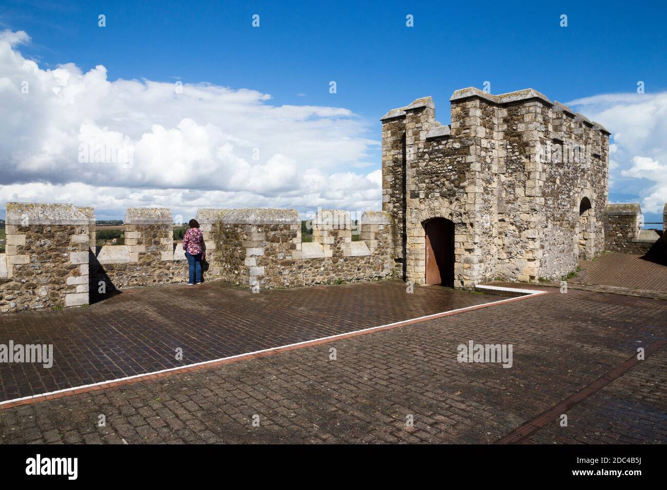 The roof and corner tower with castellated walls at the top of the Great Tower of Dover Castle, Dover, Kent. UK. On the sunny summer day with blue sky and sunshine. (121) Stock Photo