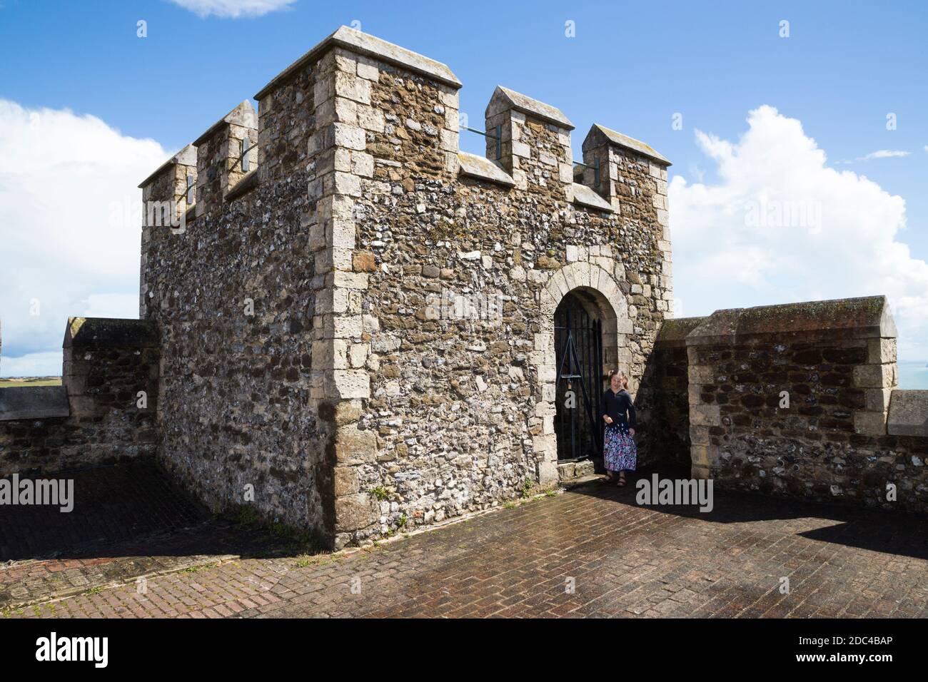 The roof and corner tower with castellated walls at the top of the Great Tower of Dover Castle, Dover, Kent. UK. On the sunny summer day with blue sky and sunshine. (121) Stock Photo