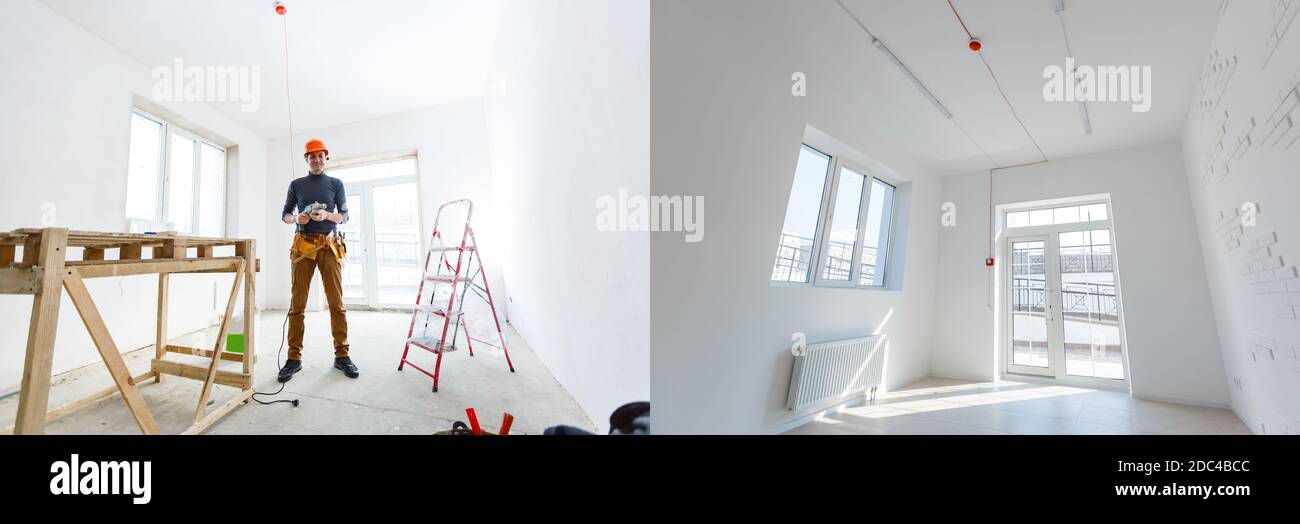 construction of the wooden frame of a roof Fibrerglass insulation installed in the sloping ceiling of a house. Construction of Drywall-Plasterboard Stock Photo