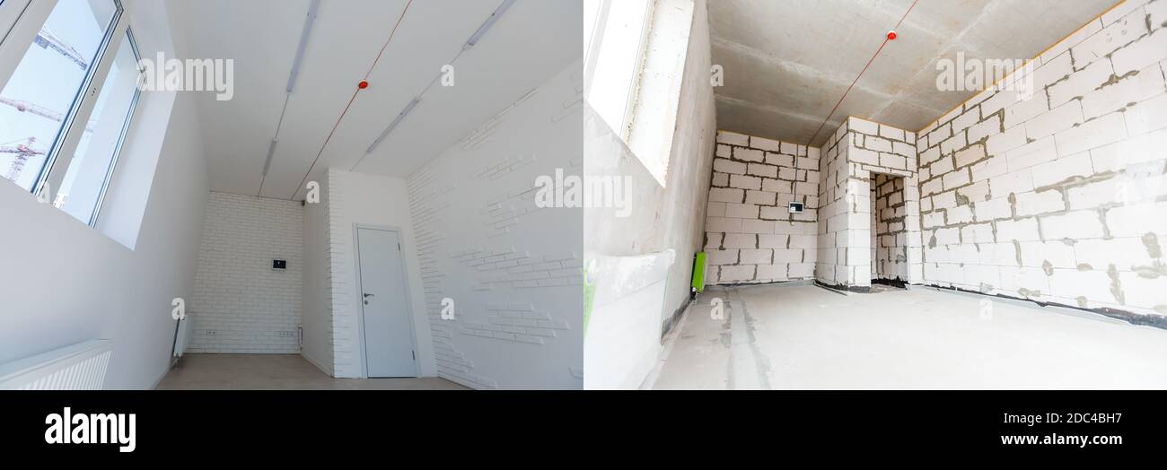 construction of the wooden frame of a roof Fibrerglass insulation installed in the sloping ceiling of a house. Construction of Drywall-Plasterboard Stock Photo
