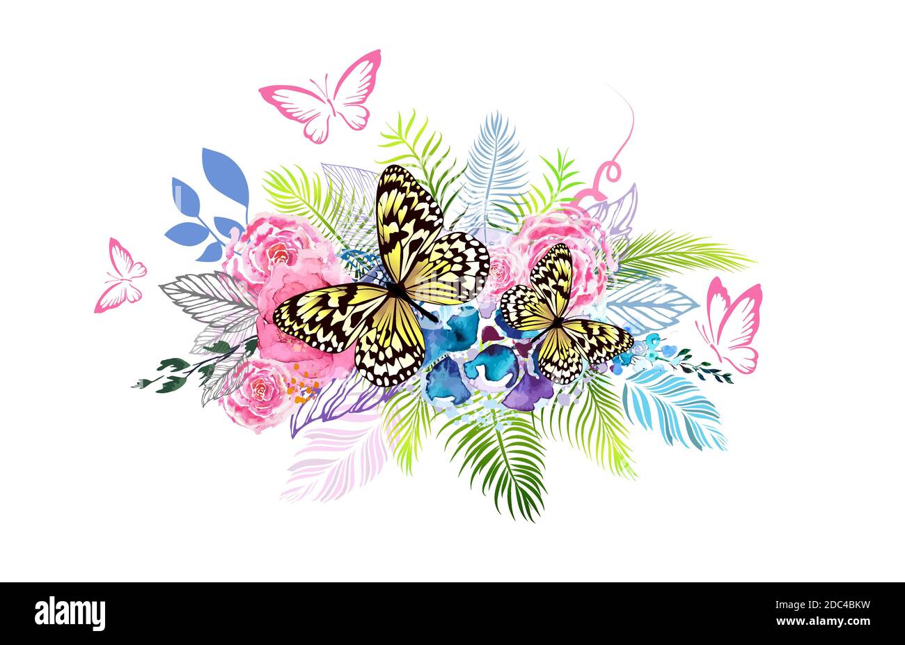 Floral abstraction from watercolor different colors with butterflies. T-shirt print. Vector illustration. Stock Vector