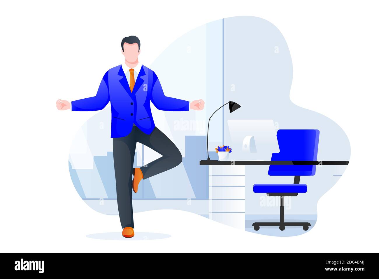 Businessman manager stands in tree pose vrksasana. Office yoga 5-minute break. Man meditating in modern cabinet. Vector character illustration. Health Stock Vector