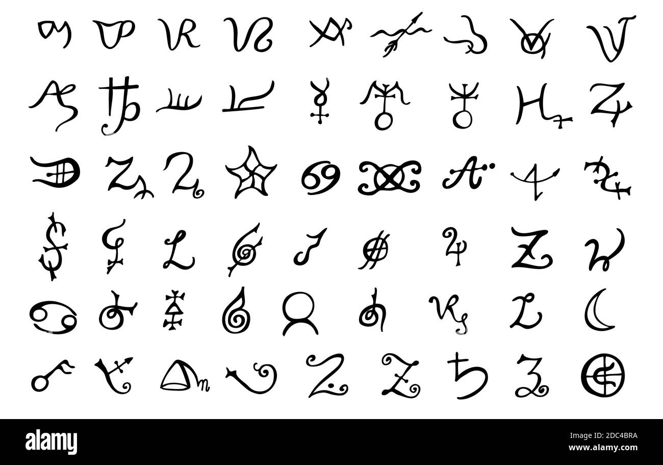 A set of alchemical symbols isolated on white. Hand drawn elements for design. Mystical, esoteric, occult theme. Stock Vector