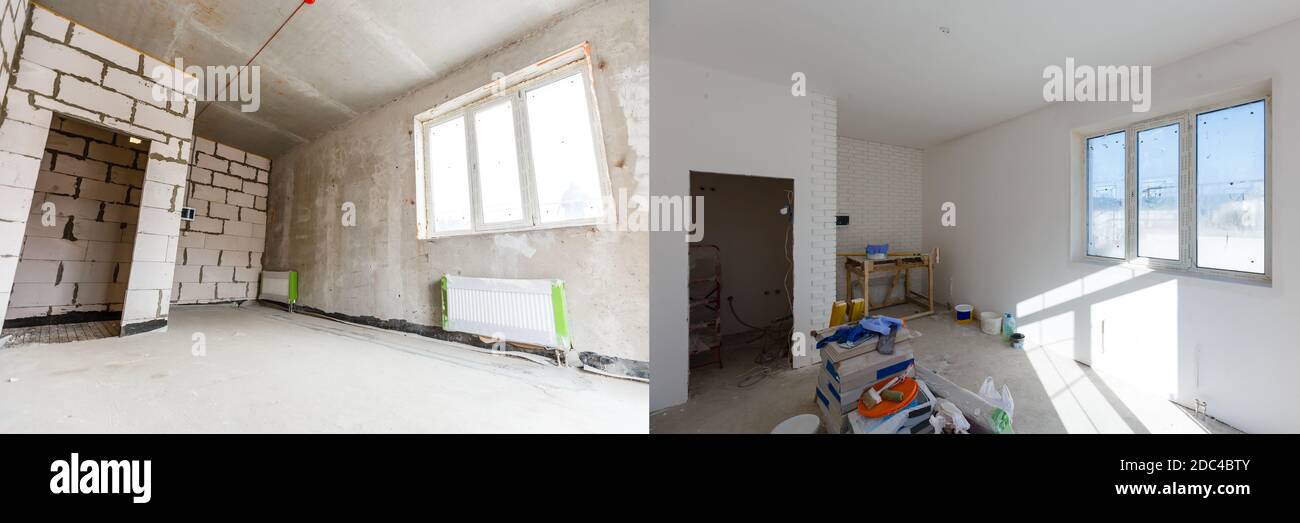 construction of the wooden frame of a roof Fibrerglass insulation installed in the sloping ceiling of a house. Construction of Drywall-Plasterboard Stock Photo