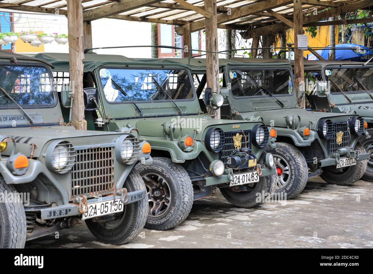 Jeeps used to transport guests at the Hoi An Chic green retreat hotel, Hoi An, Vietnam, Asia Stock Photo