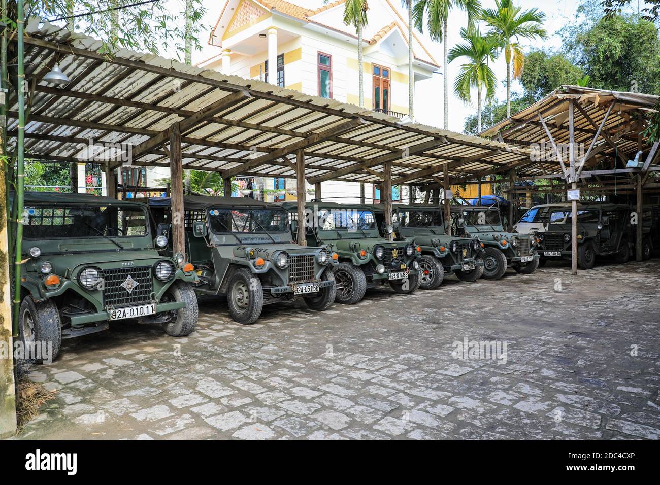 Jeeps used to transport guests at the Hoi An Chic green retreat hotel, Hoi An, Vietnam, Asia Stock Photo