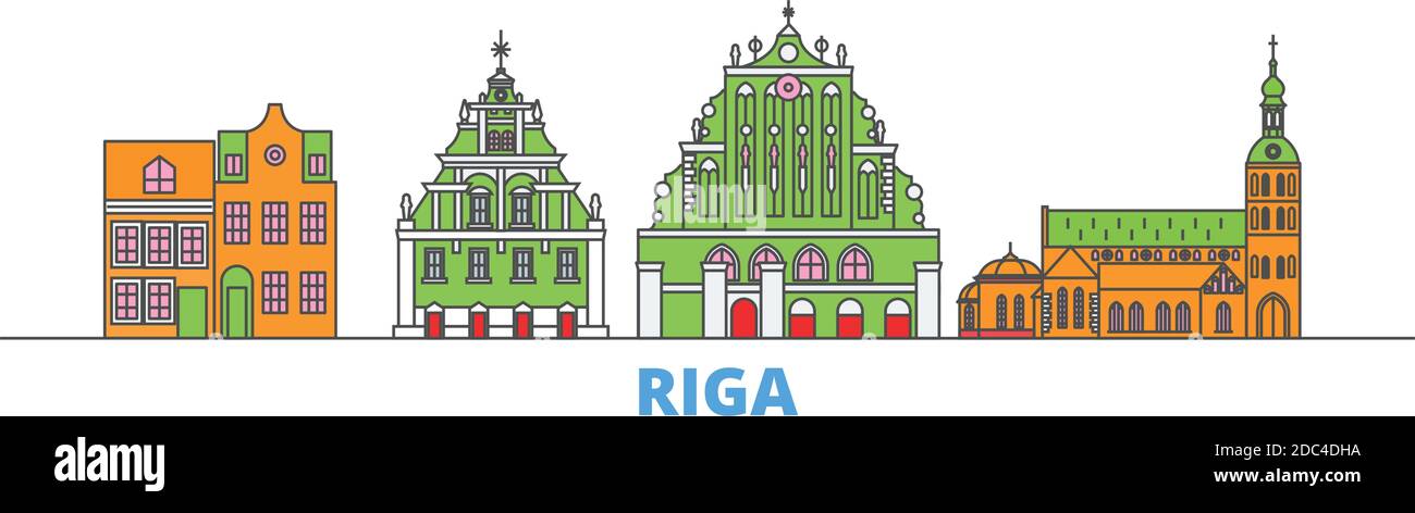 Latvia, Riga line cityscape, flat vector. Travel city landmark, oultine ...