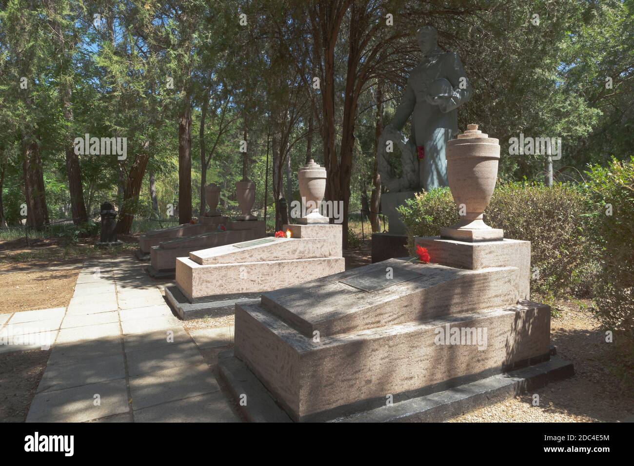 Saki, Crimea, Russia - July 23, 2020: Graves of six pilots who died in the Saki region during the Great Patriotic War. Saki resort park, Crimea Stock Photo