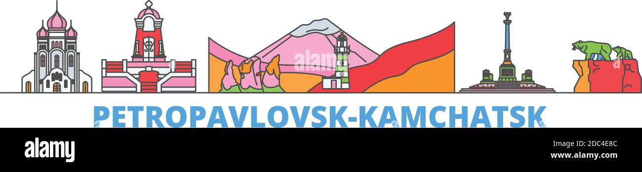 Russia, Petropavlovsk Kamchatsk line cityscape, flat vector. Travel city landmark, oultine illustration, line world icons Stock Vector