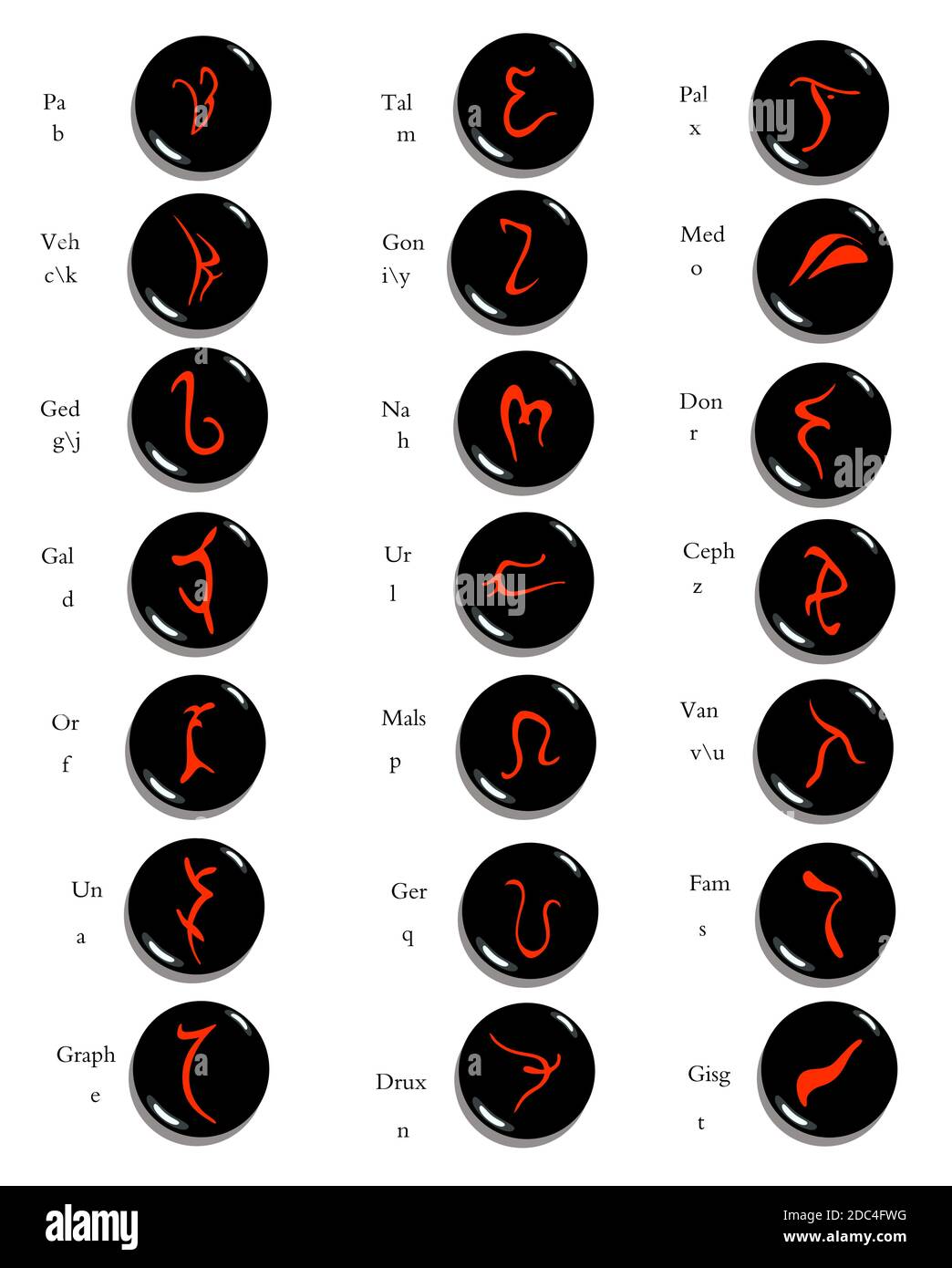 Set of  hand drawn enochian magical alphabet, artificial language symbols, occult symbols,  carved on stone isolated on white.Angelic language. Vector Stock Vector