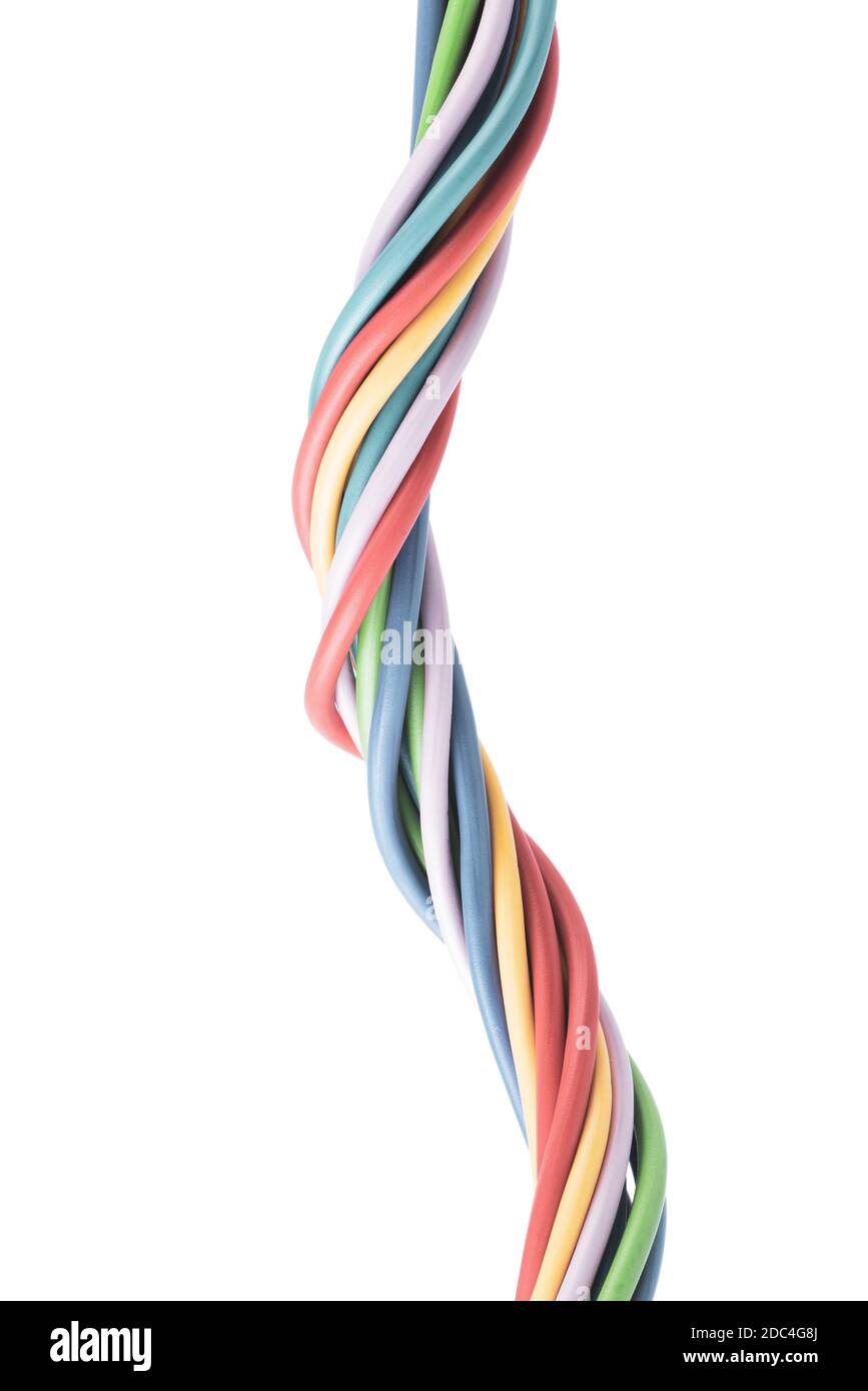 Swirl of colorful pastel electrical cable used in computer telecommunication network and electric installation, isolated on white background Stock Photo