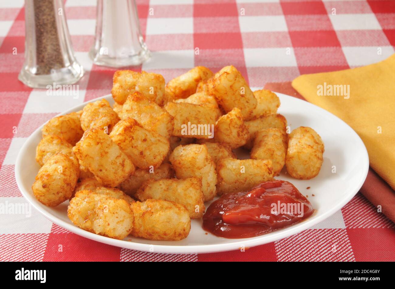 A plate of deep fried tater tots with catsup Stock Photo Alamy