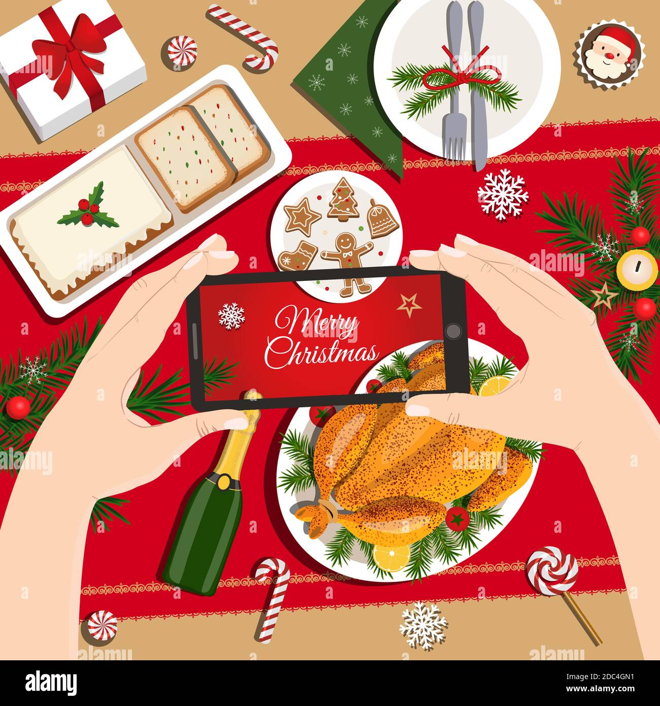 Christmas dinner. Delicious traditional holiday meal, festive plating. Hands with smartphone taking picture of food. Stock Vector