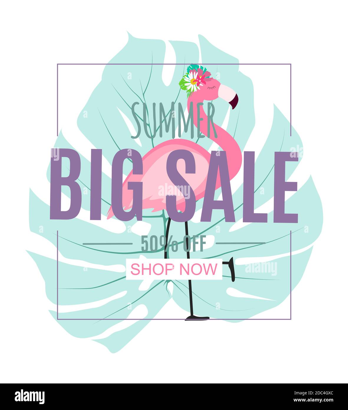 Abstract Summer Sale Background with Palm Leaves and Flamingo ...