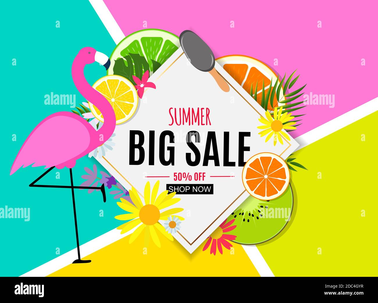 Abstract Summer Sale Background with Palm Leaves and Flamingo ...
